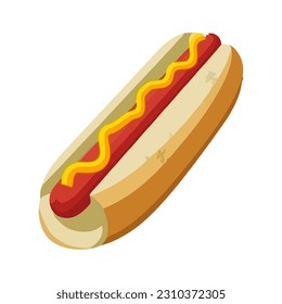 Grilled hot dog on bun, unhealthy snack icon isolated