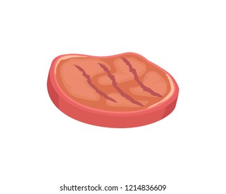 Grilled hot steak vector cartoon style banner. Just cooked beef slice with stripes from grill isolated brochure for cafe or restaurant menu cover