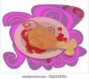 A grilled, hot tasty meat on a plate with red spicy sauce; romantic, vintage,  cozy background. This cartoon illustration can be used for fastfood restaurants, snacks bars, taverns. Vector, isolated.