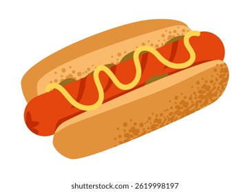 Grilled hotdog with toppings. Fast food ads, summer barbecue scenes, or street food visuals. Mustard, ketchup, and picnic elements. Flat vector illustration.