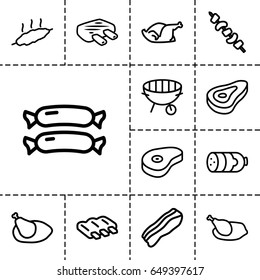Grilled icon. set of 13 outline grilled icons such as beef, sausage, chicken, kebab, bbq, bacon