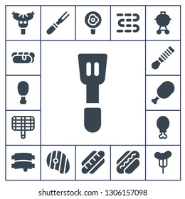 grilled icon set. 17 filled grilled icons.  Collection Of - Sausage, Hot dog, Fried chicken, Spatula, Grill, Meat, Chicken leg, Ribs, Steak, Fried egg, Sausages, Barbecue