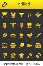 grilled icon set. 26 filled grilled icons.  Simple modern icons such as: Grill, Tongs, Fried chicken, Sausage, Skewers, Kebab, Hot dog, Ribs, Barbecue, Custard, Skewer, Sausages