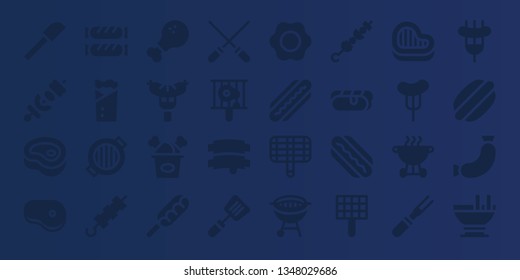 grilled icon set. 32 filled grilled icons. on blue background style Collection Of - Spatula, Skewer, Meat, Steak, Sausage, Kebab, Grill, Brochette, Chicken leg, Fried chicken