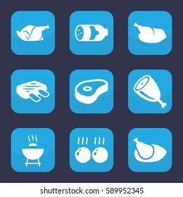 grilled icon. Set of 9 grilled filled icons such as sausage, chicken, beef, meat