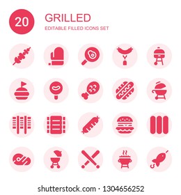 grilled icon set. Collection of 20 filled grilled icons included Skewer, Mitt, Fried egg, Sausage, Grill, Hamburguer, Chicken leg, Hot dog, Ribs, Sausages, Meat, Barbecue, Drumsticks