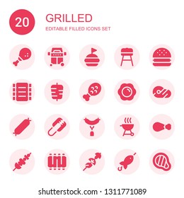 grilled icon set. Collection of 20 filled grilled icons included Chicken leg, Grill, Hamburguer, Barbecue, Ribs, Kebab, Fried egg, Meat, Sausage, Tongs, Skewer, Brochette