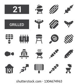 grilled icon set. Collection of 21 filled grilled icons included Barbecue, Skewer, Grill, Fried chicken, Sausage, Brochette, Chicken leg, Fried egg, Ribs, Hotdog