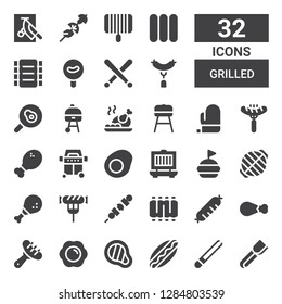 grilled icon set. Collection of 32 filled grilled icons included Tongs, Hotdog, Meat, Fried egg, Sausage, Chicken leg, Ribs, Brochette, Grill, Hamburguer, Mitt, Barbecue, Roast chicken