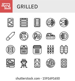 grilled icon set. Collection of Steak, Chicken leg, Sausage, Ribs, Smoked sausage, Fried eggs, Meat, Shish kebab, Charcoal grill, Chicken wings, Meatball icons