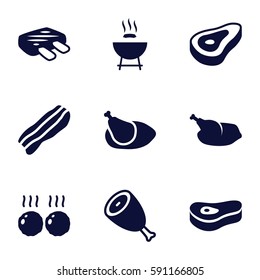 grilled icons set. Set of 9 grilled filled icons such as beef, chicken, bacon, meat