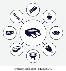Grilled icons set. set of 9 grilled filled icons such as sausage, beef, kebab, bbq, bacon, meat