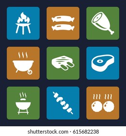 Grilled icons set. set of 9 grilled filled icons such as sausage, kebab, beef, meat, bbq