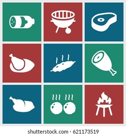 Grilled icons set. set of 9 grilled filled icons such as sausage, beef, bbq, chicken