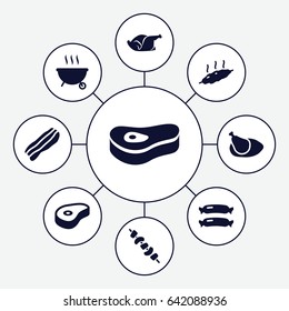 Grilled icons set. set of 9 grilled filled icons such as sausage, chicken, kebab, beef, bacon, meat