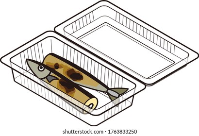 Grilled Japanese pacific saury in a food pack