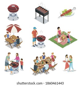 Grilled kebab and barbecue picnic set. Isolated cartoon man and woman person grilling meat food and having party isometric icons. Cooking steak on BBQ grill vector illustration