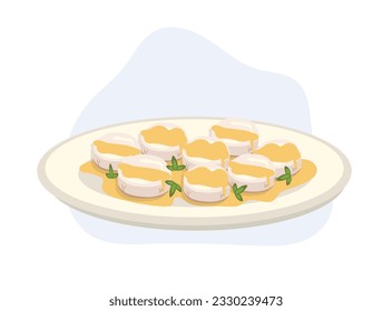 grilled King scallop without shell with butter lemon spicy sauce on plate. vector cartoon illustration