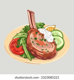 Grilled lamb chop art illustration, greek cuisine