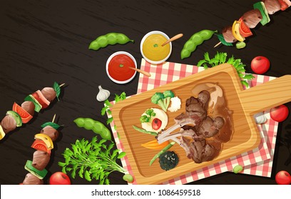 Grilled Lamb Chops and Barbecue on Wooden Board illustration