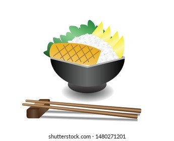 Grilled Mackerel fish and sweet eggs over stream rice served in black bowl with chopsticks , isolated in white background, side view. Free space for text. Vector Illustrator