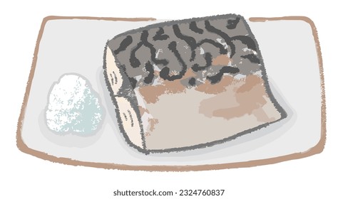 Grilled mackerel on a plate with grated radish, vector illustration