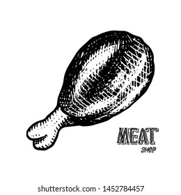 Grilled meat, bbq chicken leg. Barbecue food in vintage style. Templates for restaurant menu, emblems or badges. Hand drawn sketch.