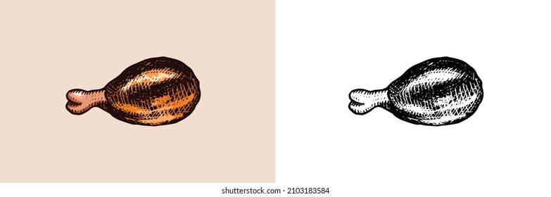 Grilled meat, bbq chicken leg. Barbecue food in vintage style. Templates for restaurant menu, emblems or badges. Hand drawn sketch.