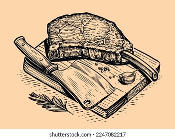 Grilled meat beef steak, ribs and knife cleaver on wooden cutting board. Grill food, engraved sketch vector illustration