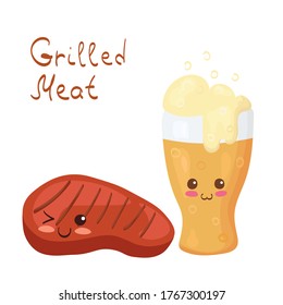 Grilled Meat & Beer characters isolated on white background. Kawaii funny & happy food mascot with hand written lettering. Cute bar, pub, cafe menu design element. Vector image for print, card, banner