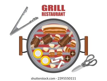 Grilled meat and crispy vegetables, top view buffet food carved design Cartoon style vector illustration restaurant menu design template food on the grill Isolated on the background, easy to edit.