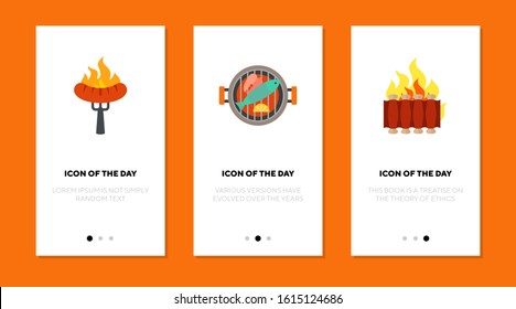Grilled meat flat vector icon set. Sausage on fork, fish on grill, pork ribs on fire isolated outline sign pack. BBQ concept. Vector illustration symbol elements for web design and apps.