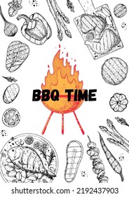 Grilled meat frame. Barbecue dishes hand-drawn. Bbq grill food sketch. Vector illustration. Engraved design.