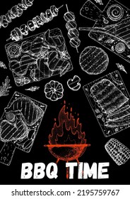 Grilled meat frame. Barbecue dishes hand-drawn. Bbq grill food sketch. Vector illustration. Chalk drawing style design.