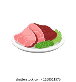 Grilled meat with green peas and lettuce leaves on a plate vector Illustration on a white background