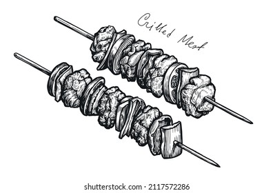 El kebab de carne a la parrilla sobre las brochetas es una ilustración vectorial de palo. Esbozo de cocina barbacoa