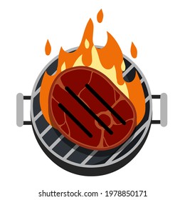 Grilled meat on grill with fire. Steak and barbecue of a strong roast. Piece of food cuts. Flat cartoon illustration isolated on white