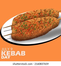 Grilled meat on a skewer called meat kebab served on a white plate on brown background with bold texts, Kebab Day July 9