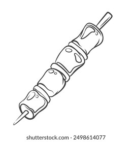 Grilled meat on skewer line icon. Hand drawn retro cooked or raw shish kebab, roasted pork or lamb, chicken or beef on stick. Barbecue food mascot, outline shashlik on skewer icon vector illustration
