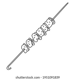 Grilled meat and onion on a skewer. Hand drawn vector illustration of in doodle style on white background. Isolated black outline. 