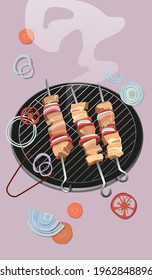 Grilled meat  with onions and carrots. Vector.