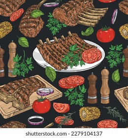 Grilled meat pattern seamless colorful with steaks on cutting board and BBQ ribs on plates near spice grinders vector illustration