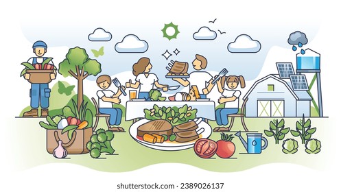 Grilled meat plate with vegetables in family outdoor lunch outline concept. Eat balanced and healthy food with vitamins and nutrition vector illustration. BBQ from fresh and raw local farmer products