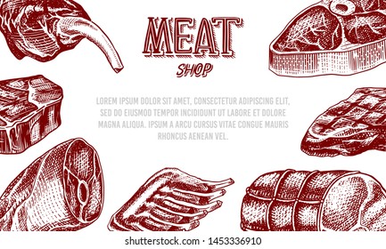 Grilled meat poster, Pork or beef steak. Barbecue BBQ banner. Food in vintage style. Background for restaurant menu, emblems or badges. Hand drawn sketch.