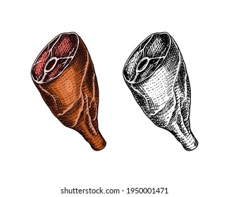 Grilled meat, Raw Pork or beef leg. Barbecue food in vintage style. Template for restaurant menu, emblems or badges. Hand drawn sketch.