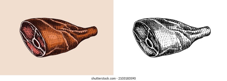 Grilled meat, Raw Pork or beef leg. Barbecue food in vintage style. Template for restaurant menu, emblems or badges. Hand drawn sketch.