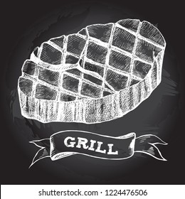 Grilled meat ribeye steak. Ink hand drawn Vector illustration. Food element for menu design.