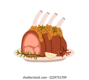 Grilled meat, roasted lamb ribs. Cooked food, festive Christmas dish served on plate with sauce and thyme. Traditional holiday meal for dinner. Flat vector illustration isolated on white background