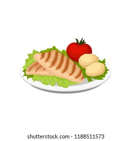 Grilled meat served with vegetables on a plate, vector Illustration on a white background