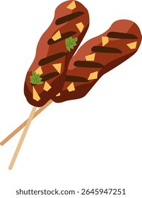 Grilled meat skewers. Texture grill marks and rich color. For BBQ themes, picnic designs, and street food illustrations.